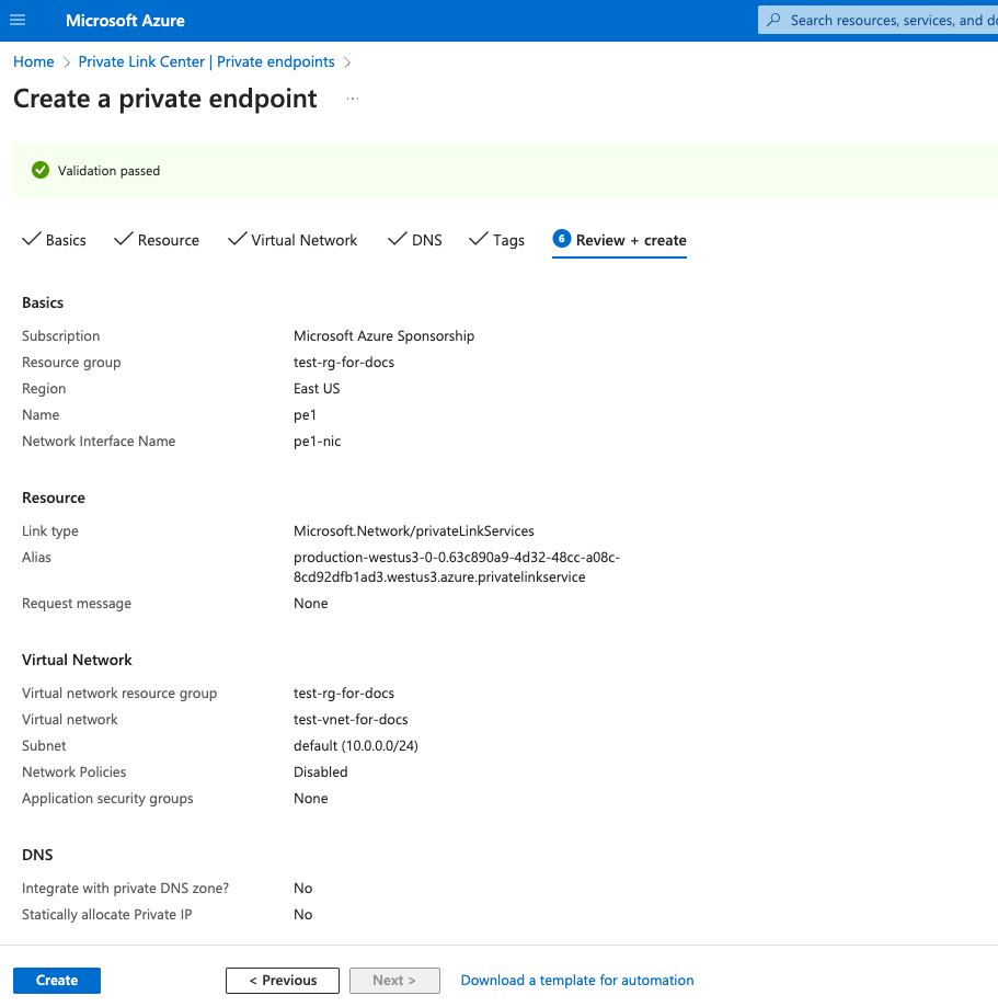 Просмотр настроек Private Endpoint